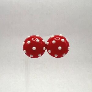 Crown Trifari Beaded Lucite Clip On Earrings Red White Polka Dot Domed Vintage